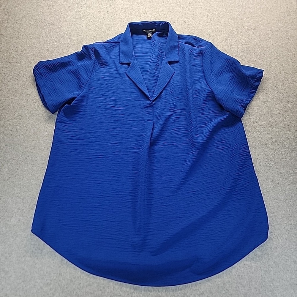 Hilary Radley Top‎ Women Large Blue V-Neck Collared Short Sleeve